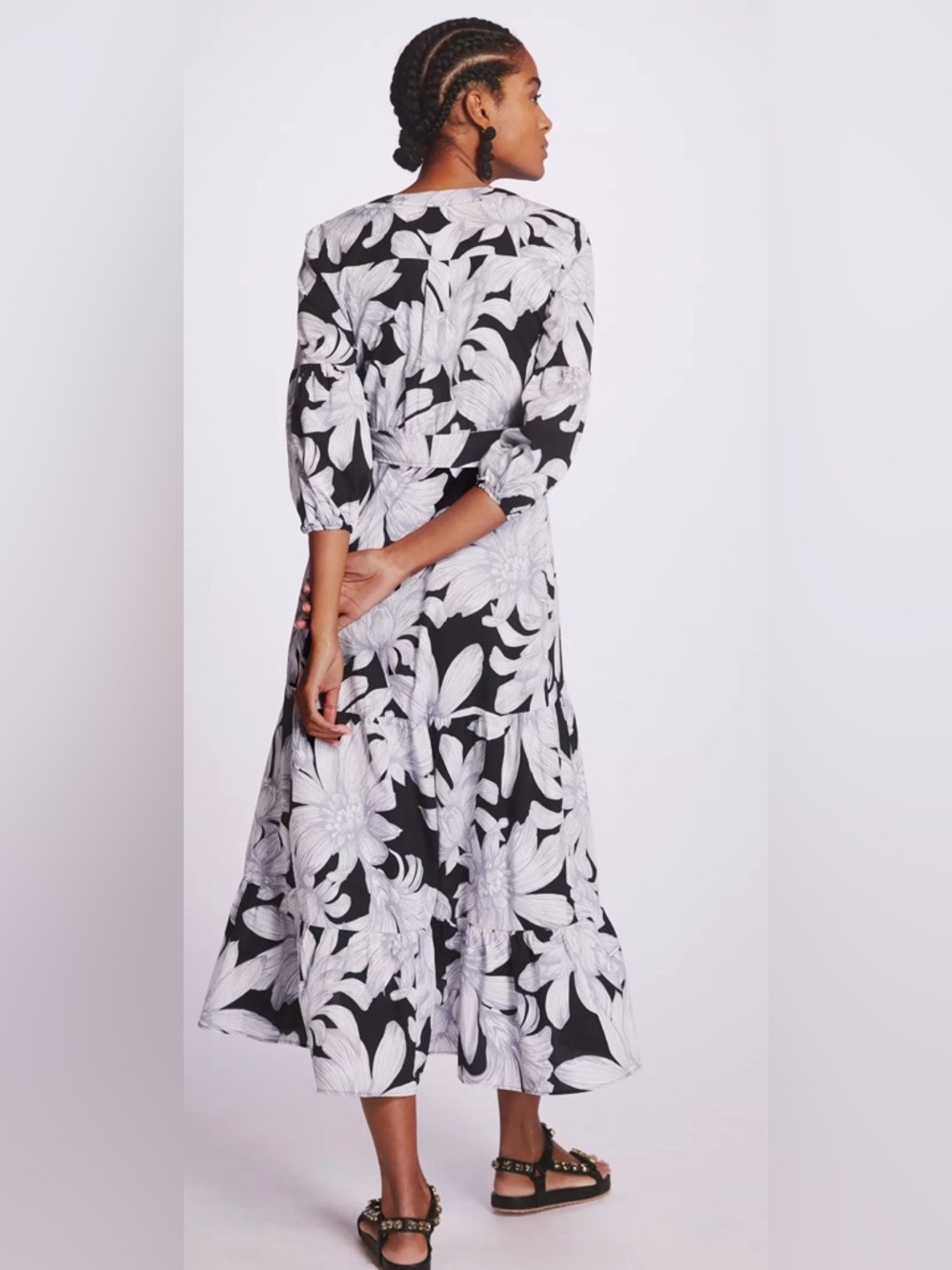 Maeve Anthropologie Floral Midi Dress Size 12 Black White Wrap Tiered NWOT Boho - Picture 5 of 16
